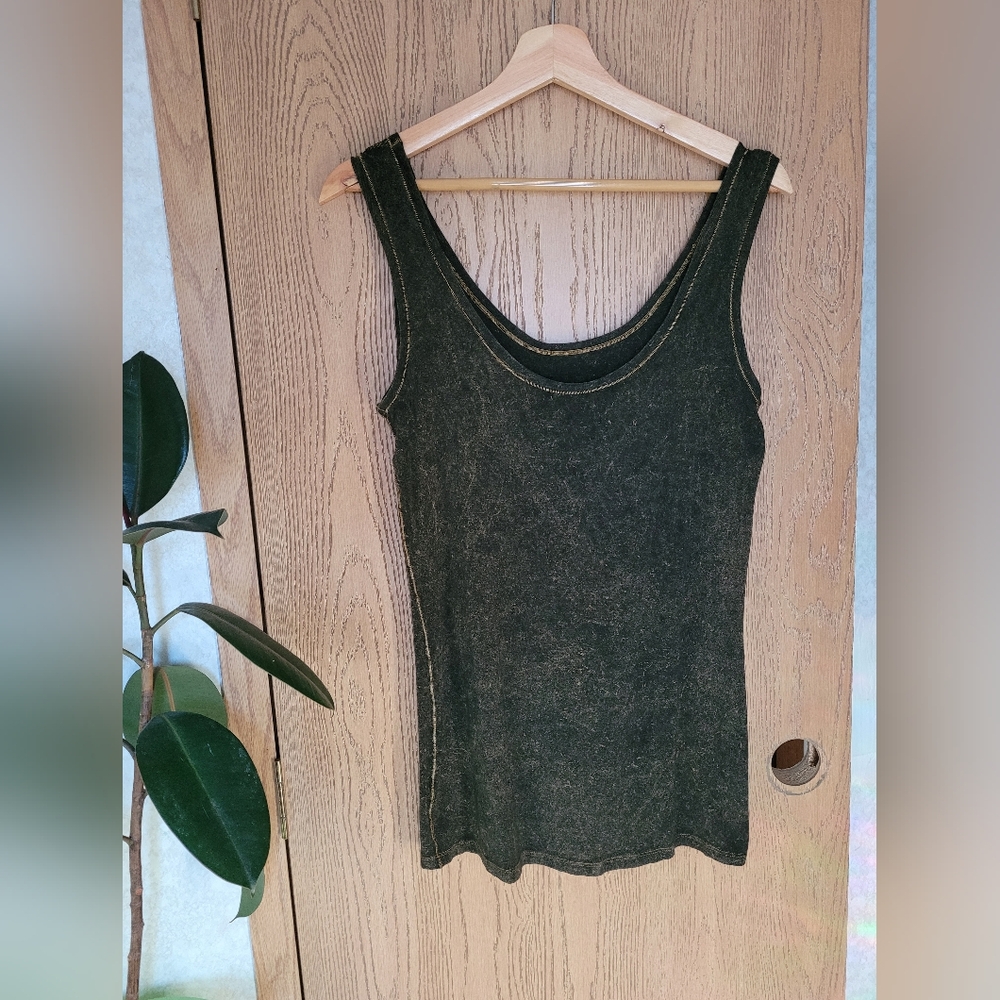 Angelrox Scoop Neck Tank Top M/L Shrug Cozy Sleeves Distressed Green OS - Picture 2 of 16